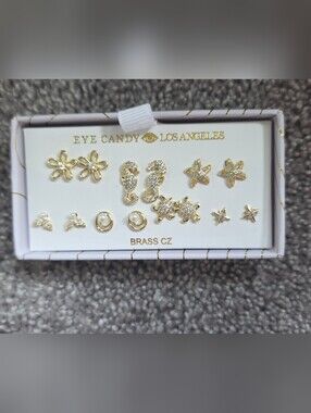 Eye Candy Los Angeles Brass CZ Coastal Sea Life Stud Earring Multi-Pair Box Set